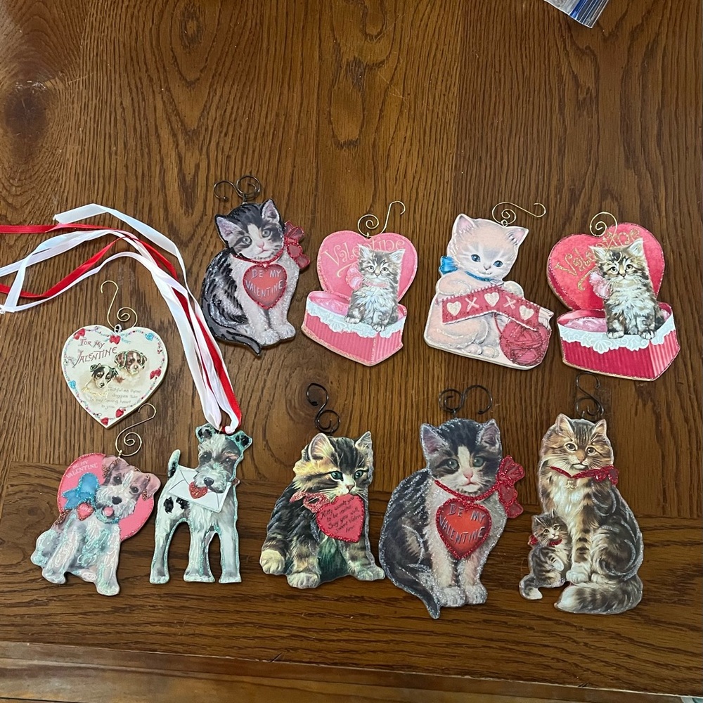 Set of 10 wooden Valentine's Day Cat and Dog Ornaments retro - Picture 3 of 7